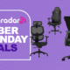 A FlexiSpot C7, Herman Miller Embody, and Secretlab Titan Evo office chair on a purple background next to a TechRadar badge reading &#039;Cyber Monday deals&#039;