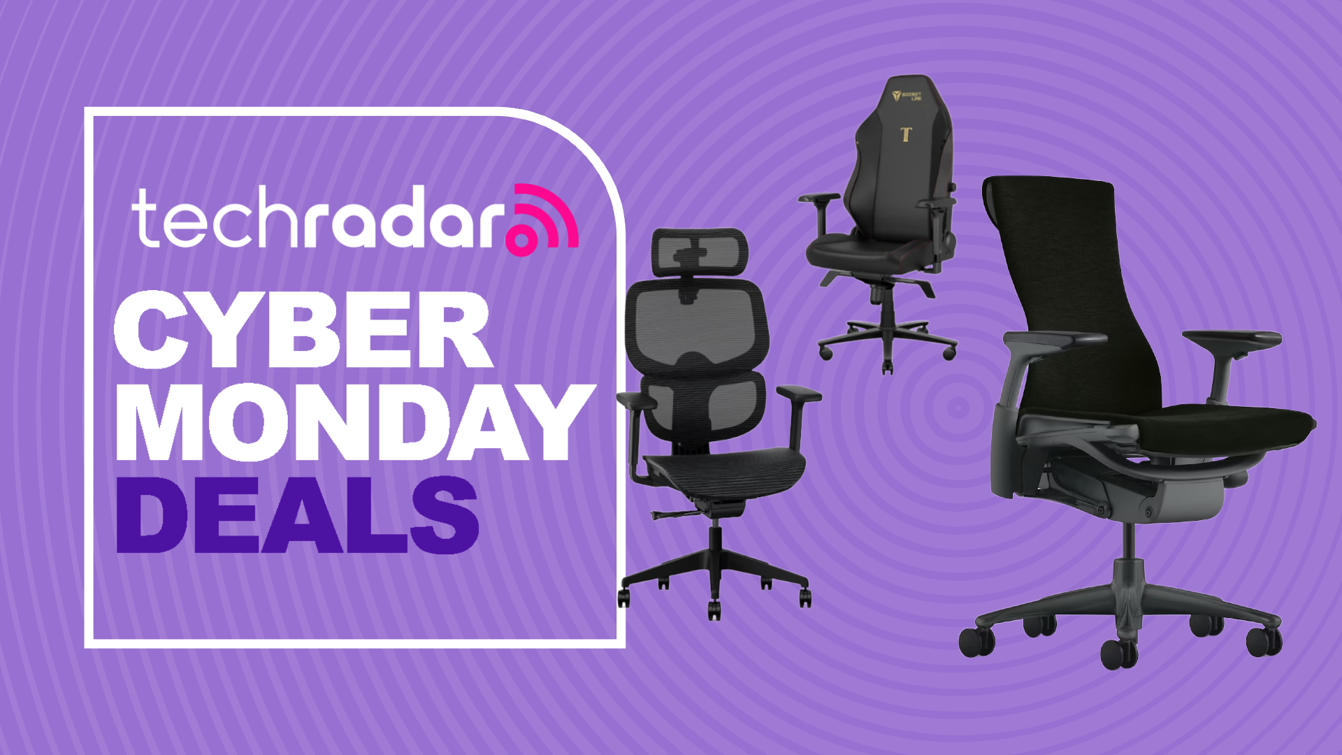 A FlexiSpot C7, Herman Miller Embody, and Secretlab Titan Evo office chair on a purple background next to a TechRadar badge reading &#039;Cyber Monday deals&#039;