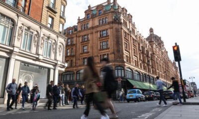 LONDON, ENGLAND - APRIL 22: Pedestrians cross the street near Harrods luxury department store on April 22, 2022 in London, England. The country's Office of National Statistics reported today that retail sales dropped 1.4% in March as the UK's rising cost of living affected consumer spending. (Photo by Hollie Adams/Getty Images)