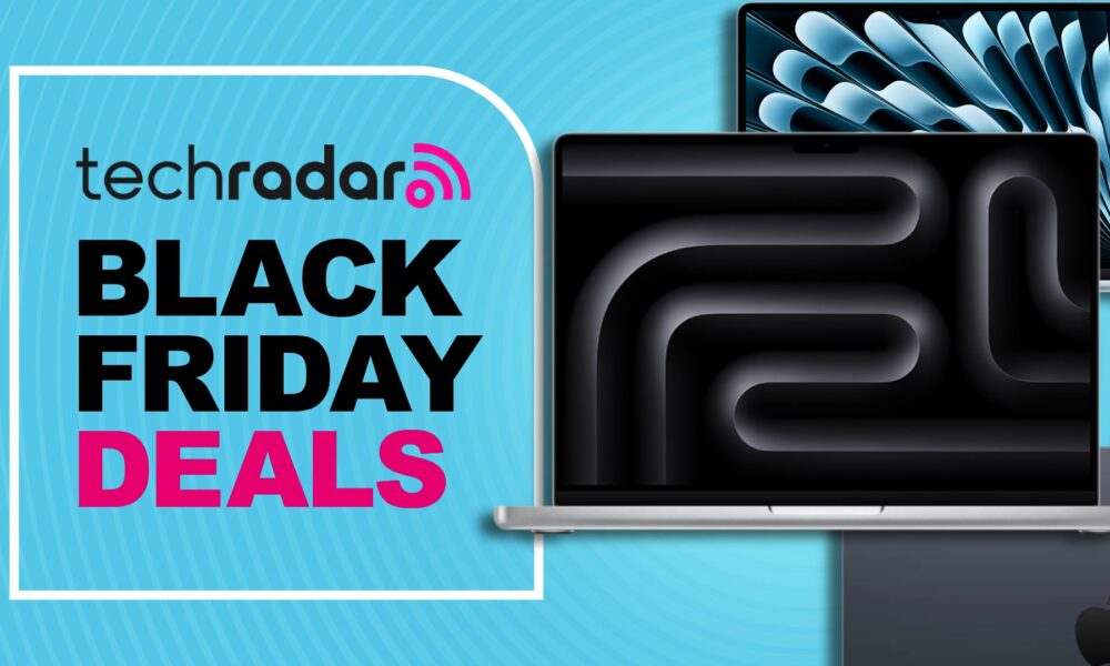 MacBook Pro and Air models layered against a cyan TechRadar deals background