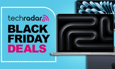 MacBook Pro and Air models layered against a cyan TechRadar deals background
