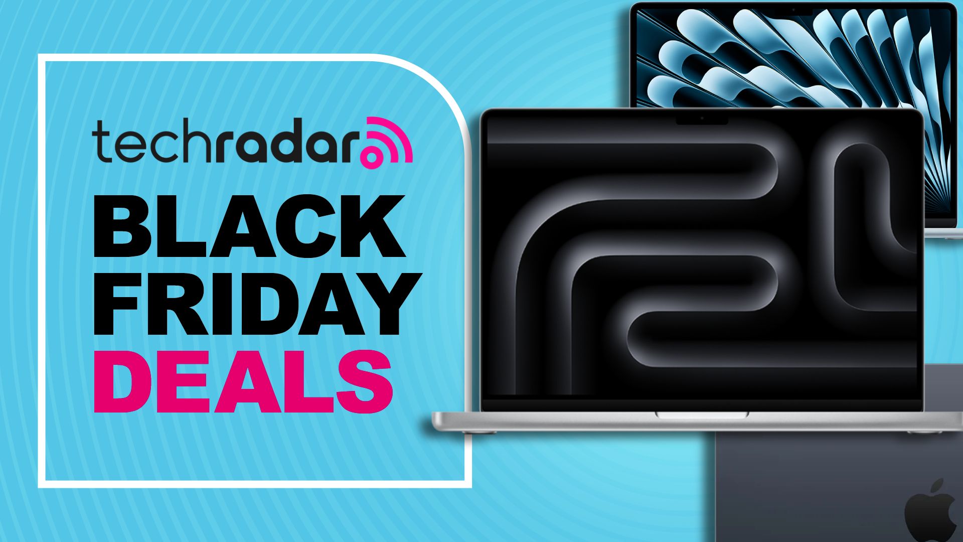MacBook Pro and Air models layered against a cyan TechRadar deals background