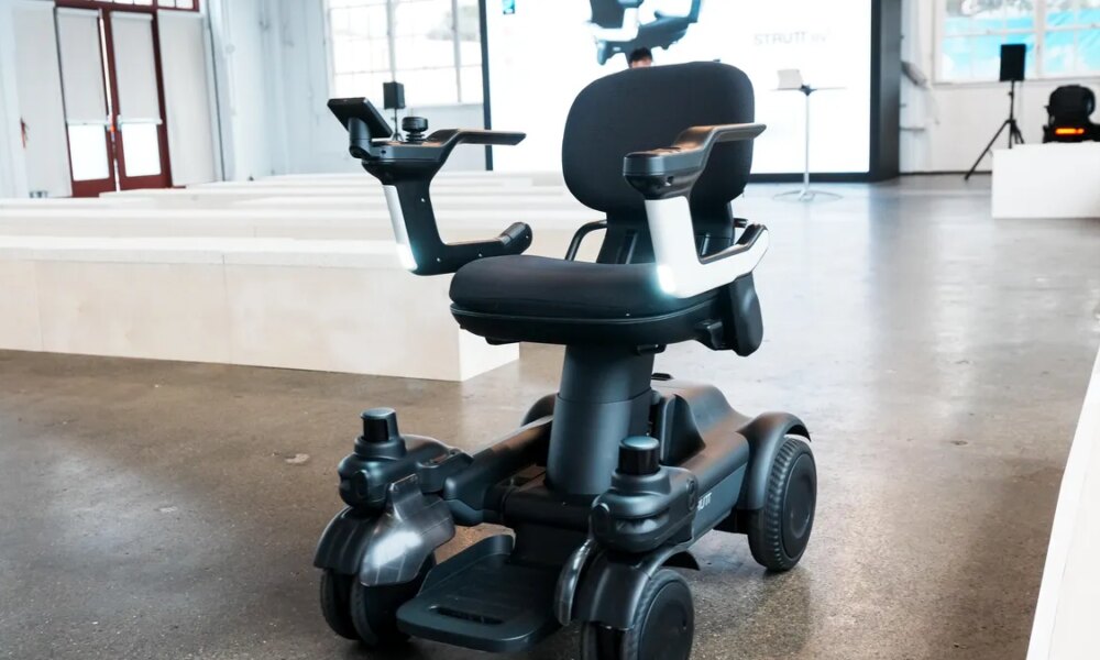 A black mobility scooter with sensors that allow it to navigate autonomously