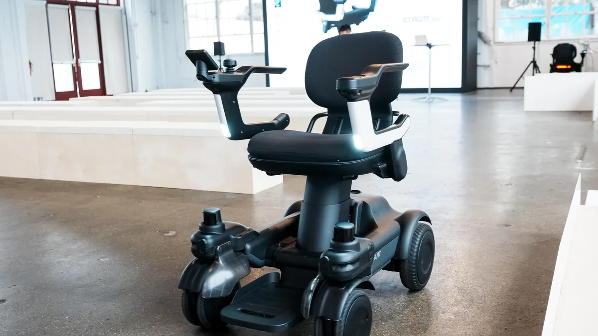 A black mobility scooter with sensors that allow it to navigate autonomously