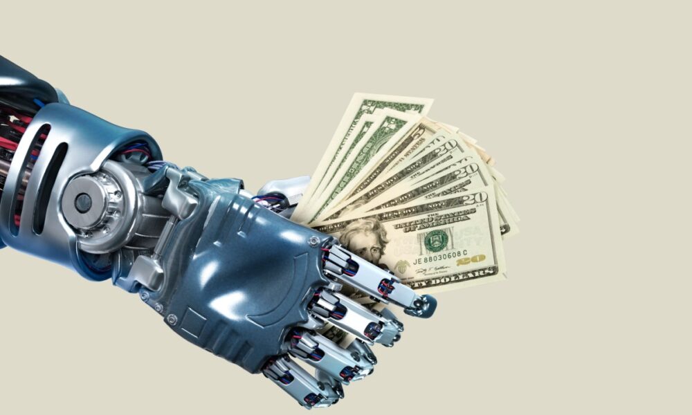 Robot hand holding lots of cash