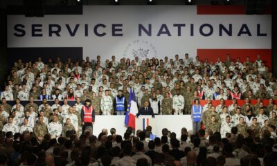French President Emmanuel Macron unveiling a new national military service. Pic: AP