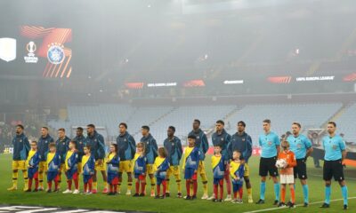 Maccabi Tel Aviv players line up in front of an empty end at Villa Park. File pic: PA