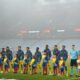 Maccabi Tel Aviv players line up in front of an empty end at Villa Park. File pic: PA
