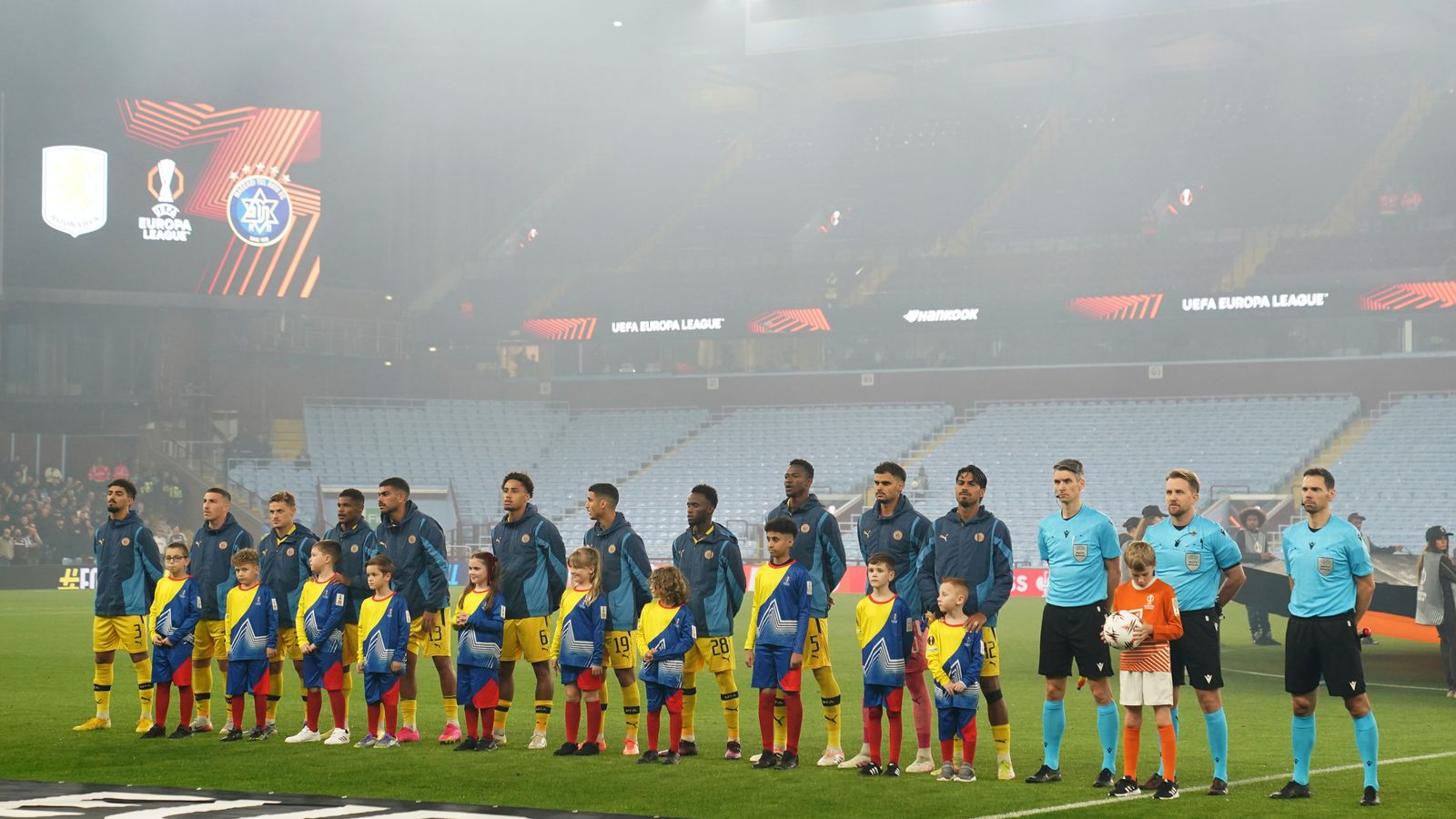 Maccabi Tel Aviv players line up in front of an empty end at Villa Park. File pic: PA