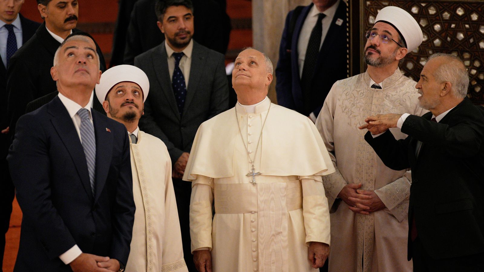 Pope Leo XIV with Turkish religious leaders at the Sultan Ahmed Mosque, or Blue Mosque, in Istanbul. Pic: AP