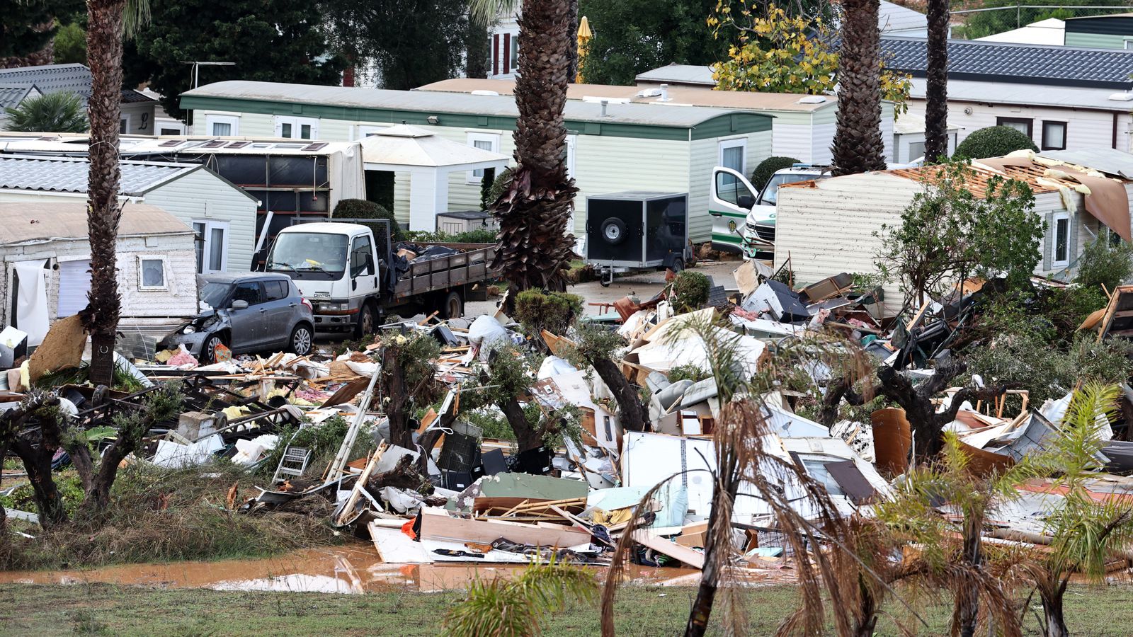 A destroyed campsite in the aftermath of Storm Claudia in Albufeira, in southern Portugal's Algarve region. Pic: AP