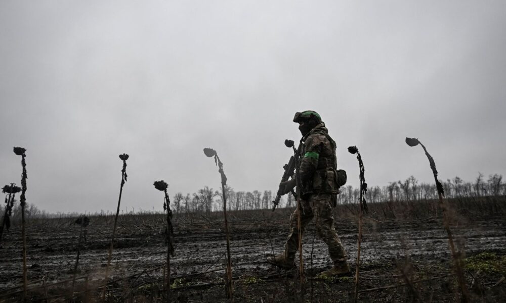 A serviceman of the National Police Special Purpose Battalion along the frontline near the town of Pokrovsk in Donetsk. Pic: Reuters