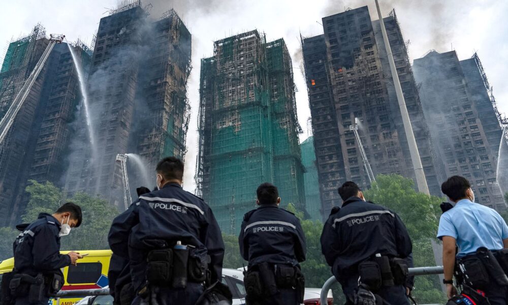 Firefighters work to extinguish the blaze. Pic: AP