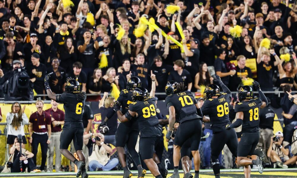 TEMPE, AZ - SEPTEMBER 26: The Arizona State Sun Devils defense celebrates a big play during the college football game between the TCU Horned Frogs and the Arizona State Sun Devils on September 26, 2025 at Mountain America Stadium in Tempe, Arizona. (Photo by Kevin Abele/Icon Sportswire) (Icon Sportswire via AP Images)