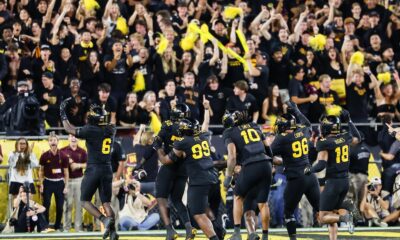 TEMPE, AZ - SEPTEMBER 26: The Arizona State Sun Devils defense celebrates a big play during the college football game between the TCU Horned Frogs and the Arizona State Sun Devils on September 26, 2025 at Mountain America Stadium in Tempe, Arizona. (Photo by Kevin Abele/Icon Sportswire) (Icon Sportswire via AP Images)