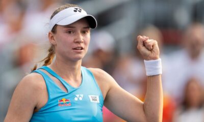 Elena Rybakina, of Kazakhstan, reacts following her win over Dayana Yastremska, of Ukraine, during round of 16 match action at the National Bank Open women's tennis tournament in Montreal, Saturday, Aug. 2, 2025. (Christinne Muschi/The Canadian Press via AP)