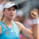 Elena Rybakina, of Kazakhstan, reacts following her win over Dayana Yastremska, of Ukraine, during round of 16 match action at the National Bank Open women's tennis tournament in Montreal, Saturday, Aug. 2, 2025. (Christinne Muschi/The Canadian Press via AP)