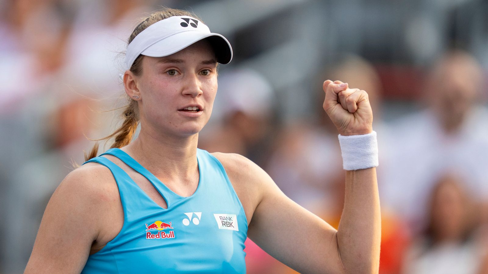 Elena Rybakina, of Kazakhstan, reacts following her win over Dayana Yastremska, of Ukraine, during round of 16 match action at the National Bank Open women's tennis tournament in Montreal, Saturday, Aug. 2, 2025. (Christinne Muschi/The Canadian Press via AP)