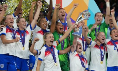 England players celebrate with trophy after winning the Women's Euro 2025 final soccer match between England and Spain