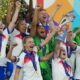 England players celebrate with trophy after winning the Women's Euro 2025 final soccer match between England and Spain