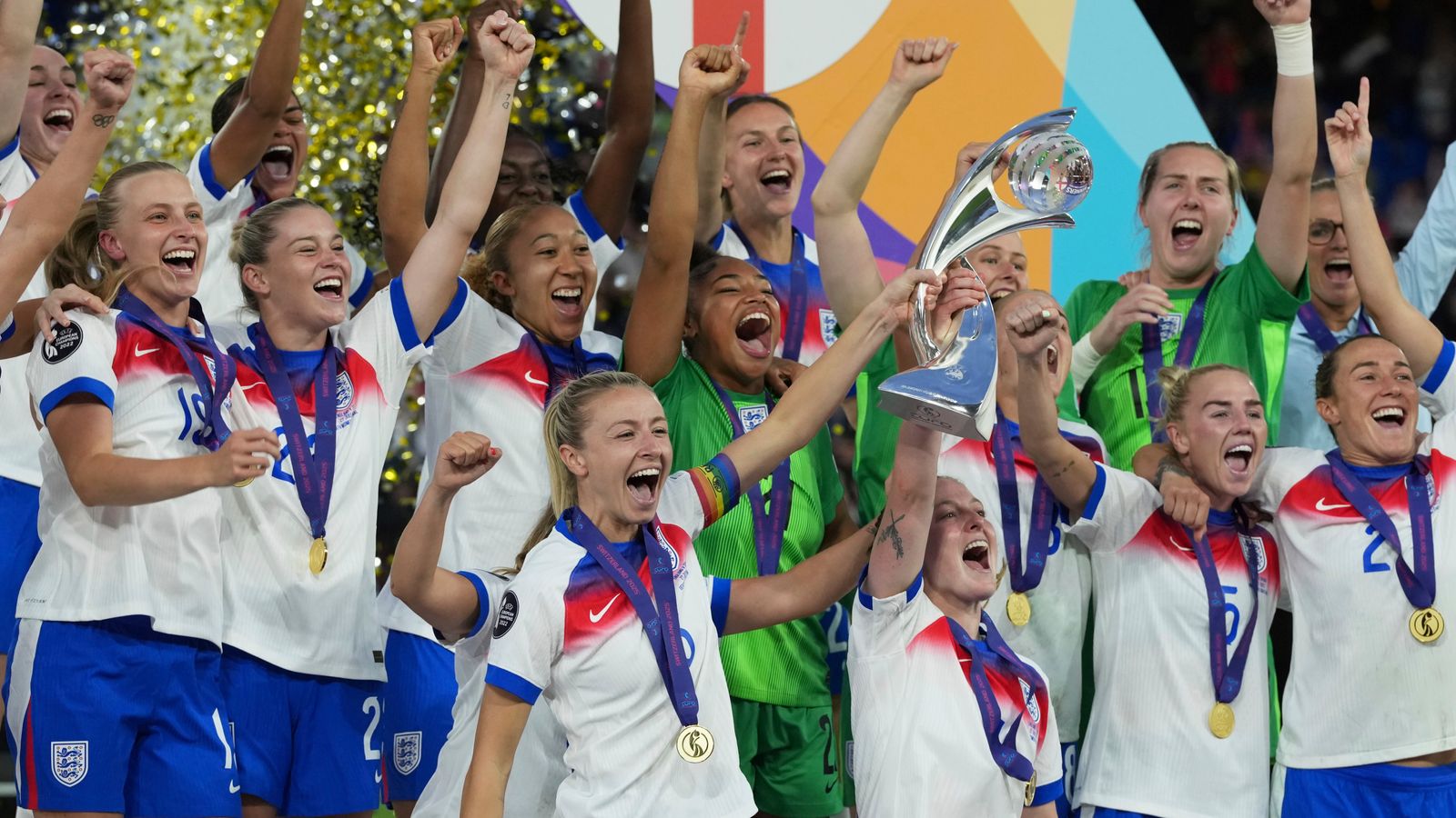 England players celebrate with trophy after winning the Women's Euro 2025 final soccer match between England and Spain