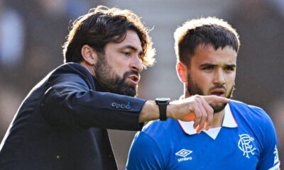 GLASGOW, SCOTLAND - AUGUST 09: Rangers&#39; Nicolas Raskin (R) with Head Coach Russell Martin as he is substituted on during a William Hill Premiership match between Rangers and Dundee at Ibrox Stadium, on August 09, 2025, in Glasgow, Scotland. (Photo by Rob Casey / SNS Group)