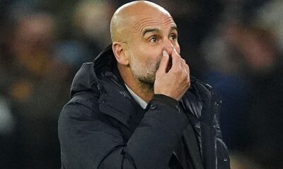 Pep Guardiola reacts after Man City were beaten by Bayer Leverkusen in the Champions League