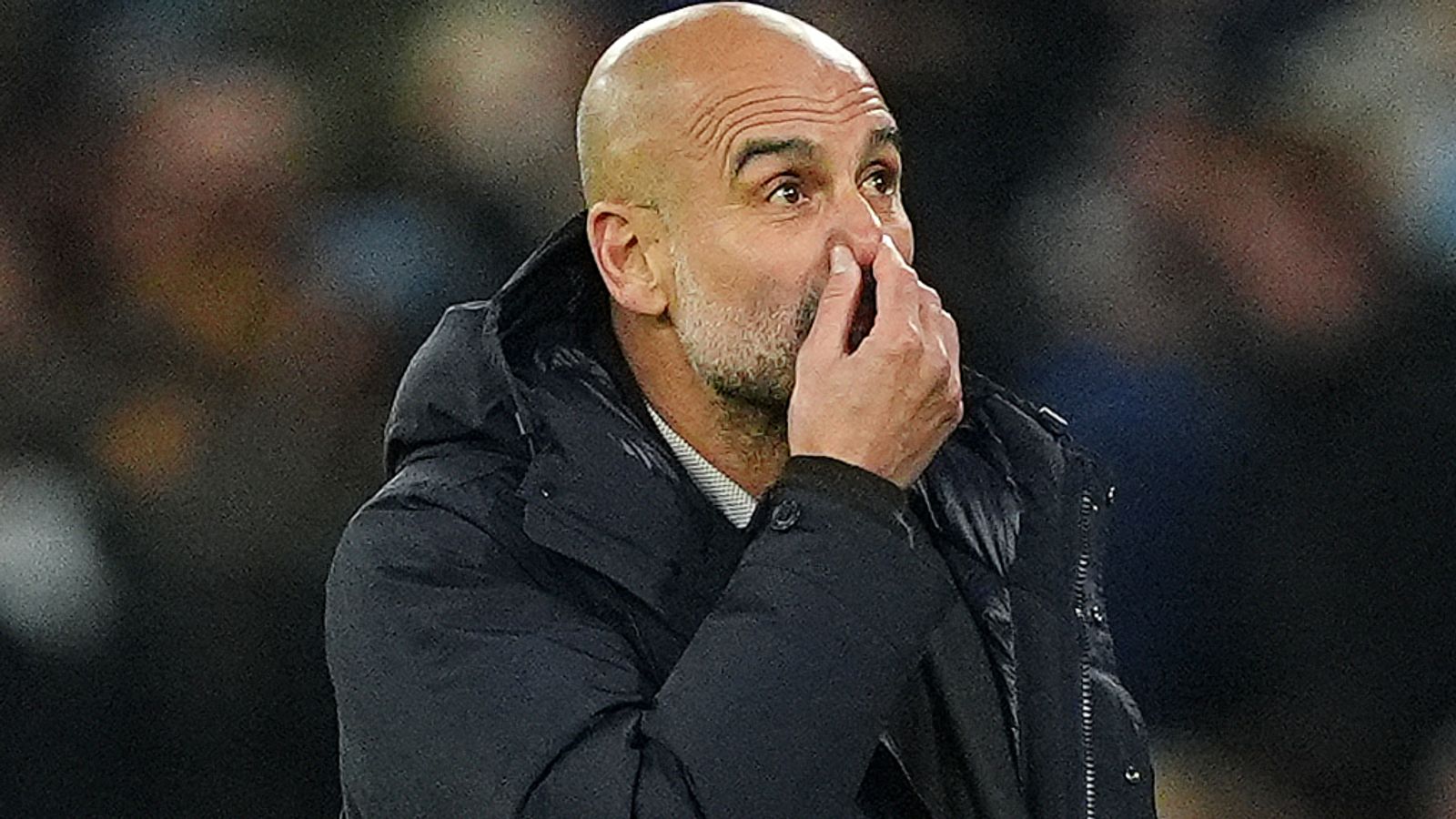 Pep Guardiola reacts after Man City were beaten by Bayer Leverkusen in the Champions League