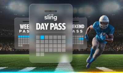 football player runs next to logo for sling day pass