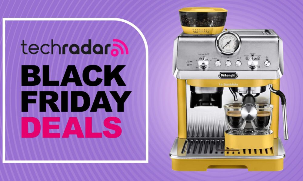 De&#039;Longhi espresso machine on purple background with text &#039;TechRadar Black Friday deals&#039;