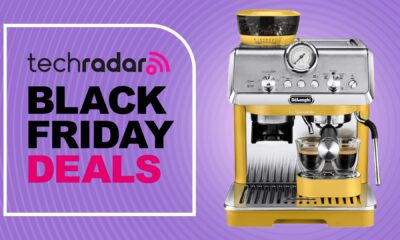 De&#039;Longhi espresso machine on purple background with text &#039;TechRadar Black Friday deals&#039;