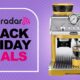 De&#039;Longhi espresso machine on purple background with text &#039;TechRadar Black Friday deals&#039;