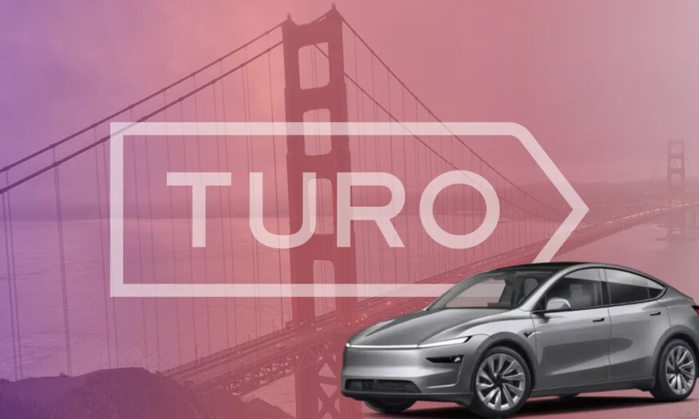A 2026 Tesla Model Y in front of the Turo logo in front of the Golden Gate Bridge