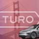 A 2026 Tesla Model Y in front of the Turo logo in front of the Golden Gate Bridge