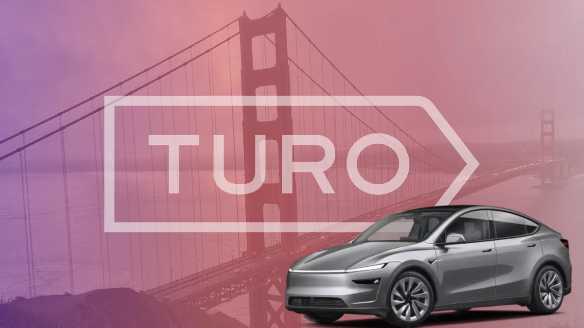 A 2026 Tesla Model Y in front of the Turo logo in front of the Golden Gate Bridge