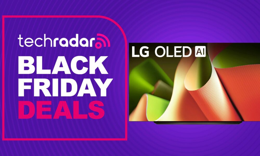 Black Friday 85-inch TV deals header with LG B4 on purple background