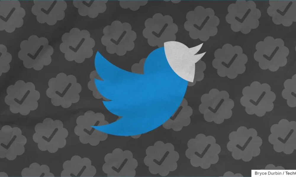 twitter bird with mask, background of verified check marks