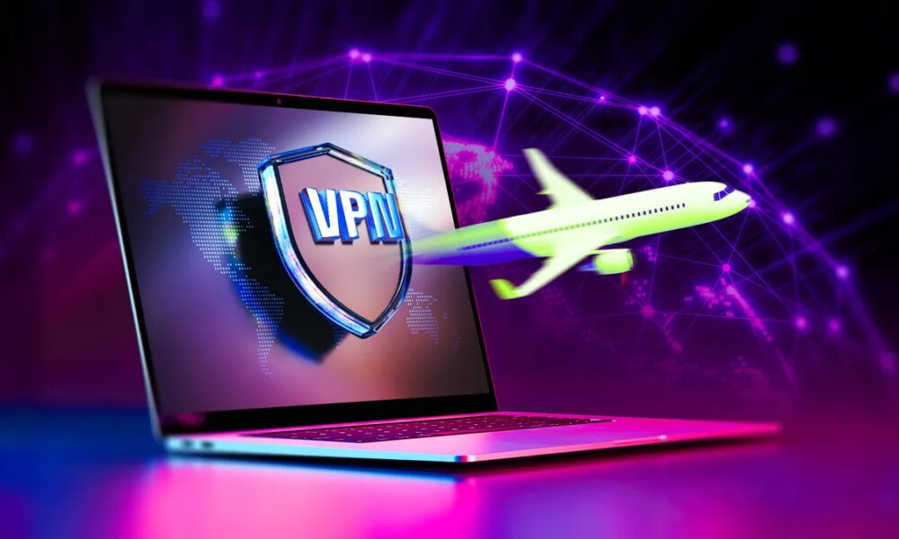 VPN Proxy and Tor visualization on phones and laptop screens against a purple backdrop