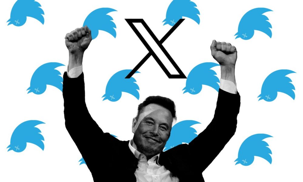 Elon Musk celebrating with the new X logo and a background of Twitter bird logo upside-down