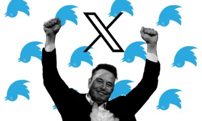 Elon Musk celebrating with the new X logo and a background of Twitter bird logo upside-down