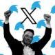 Elon Musk celebrating with the new X logo and a background of Twitter bird logo upside-down