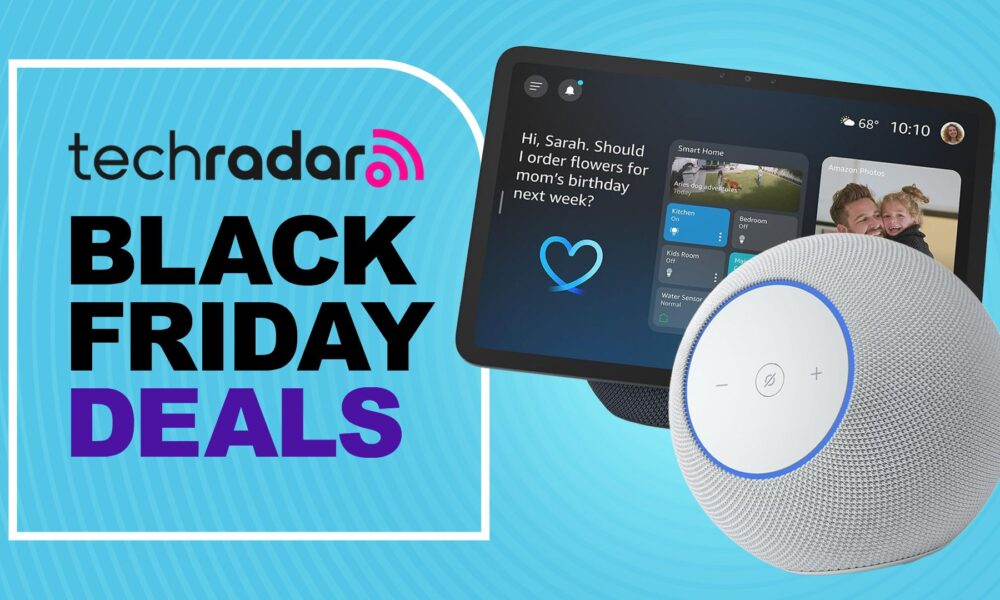 Two Amazon Echo devices on blue background with text &#039;TechRadar Black Friday Deals&#039;