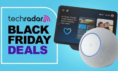 Two Amazon Echo devices on blue background with text &#039;TechRadar Black Friday Deals&#039;