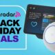 Two Amazon Echo devices on blue background with text &#039;TechRadar Black Friday Deals&#039;