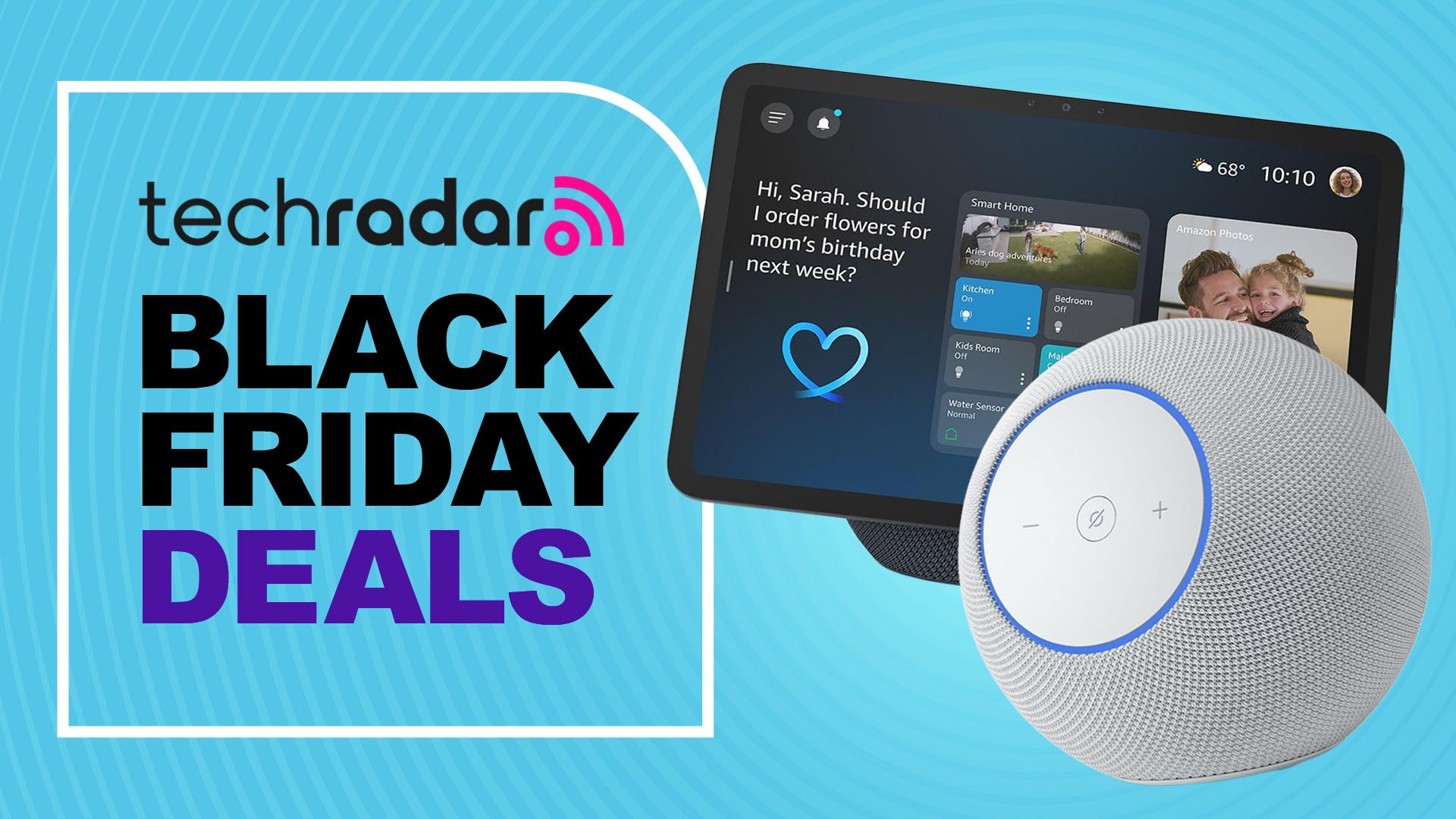 Two Amazon Echo devices on blue background with text &#039;TechRadar Black Friday Deals&#039;