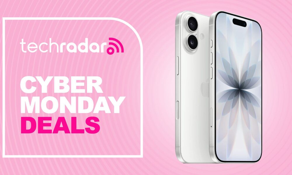 Apple iPhone 17 on pink background with TechRadar Cyber Monday deals text overlay