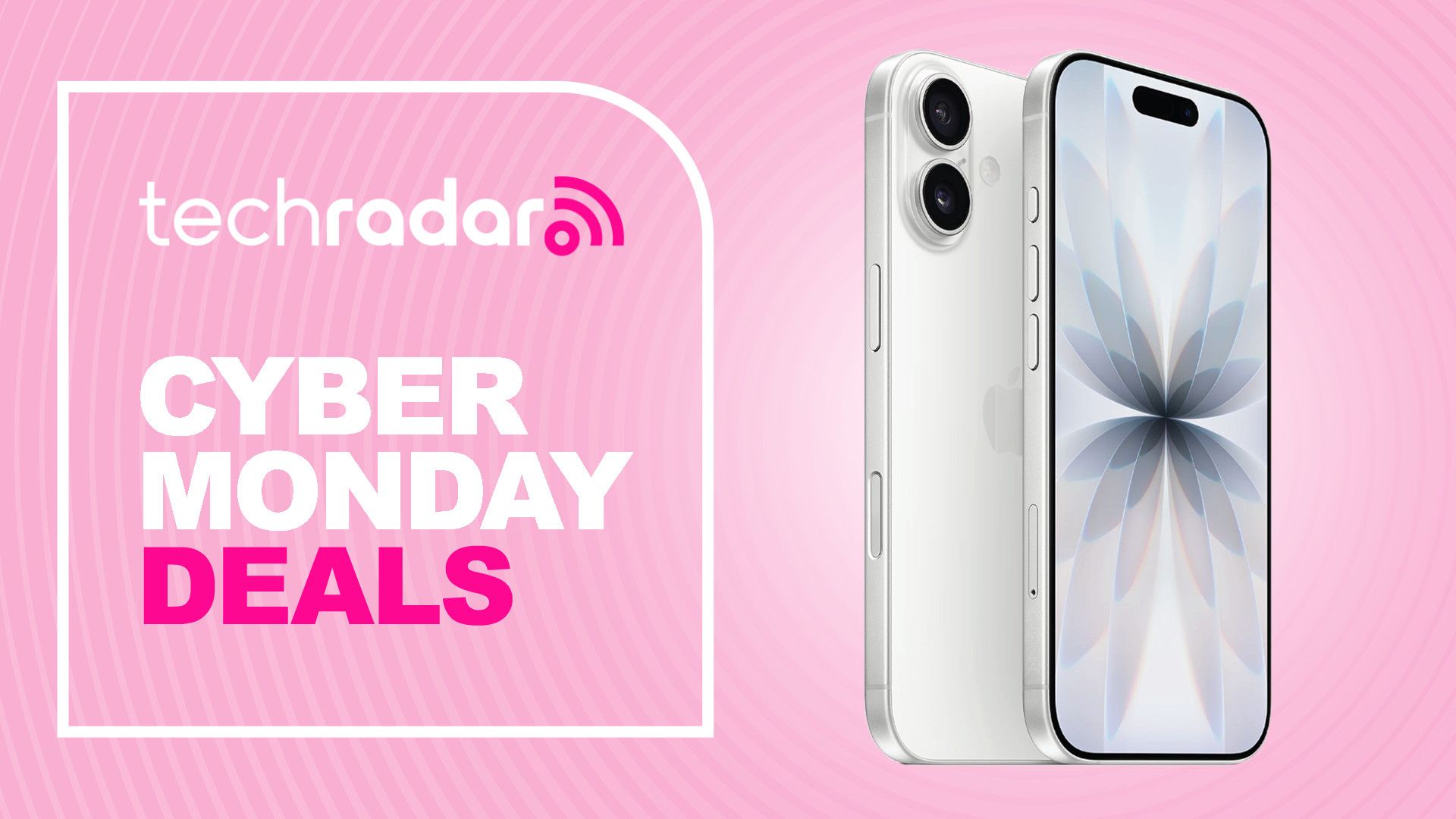 Apple iPhone 17 on pink background with TechRadar Cyber Monday deals text overlay