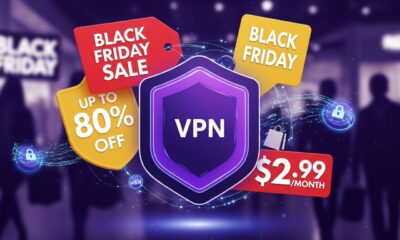 VPN symbol with Black Friday price tags and discount labels