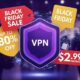 VPN symbol with Black Friday price tags and discount labels