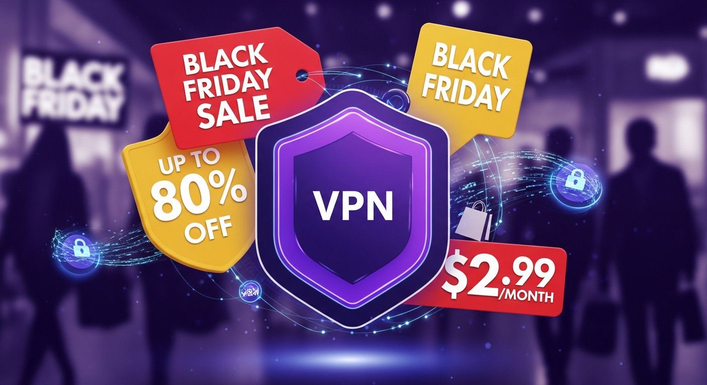 VPN symbol with Black Friday price tags and discount labels